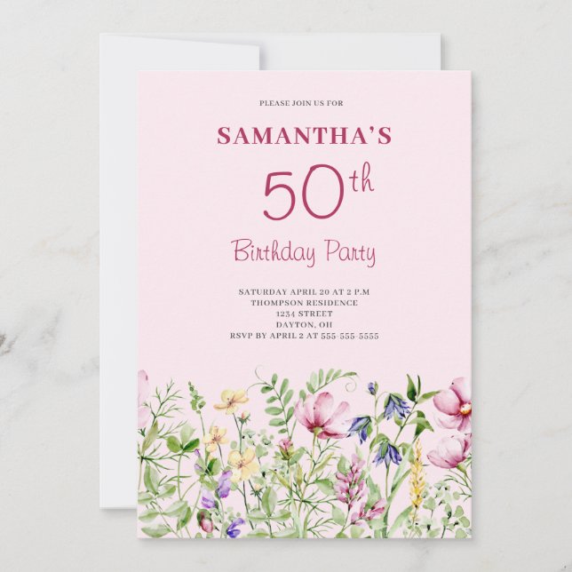 Invitación Floral cumpleaños 50 rosa (Anverso)