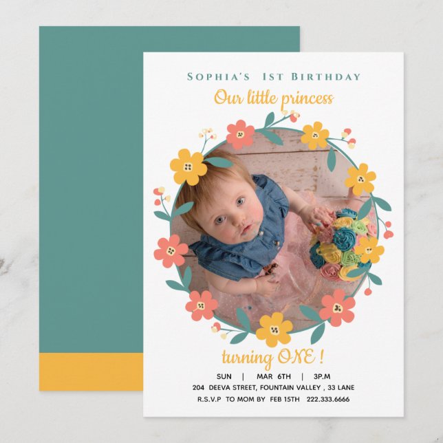Invitación Floral  Custom Photo 1st Birthday (Anverso / Reverso)