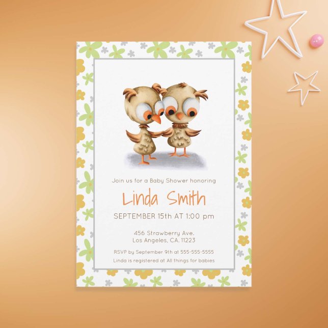 Invitación Floral Cute Baby Owls Baby Shower Twins (Subido por el creador)