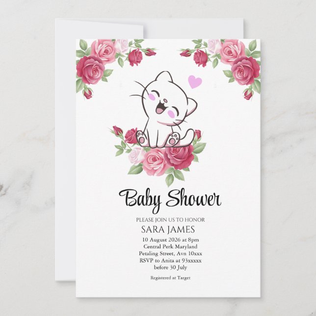 Invitación Floral Cute Cat Baby Shower Invitation (Anverso)
