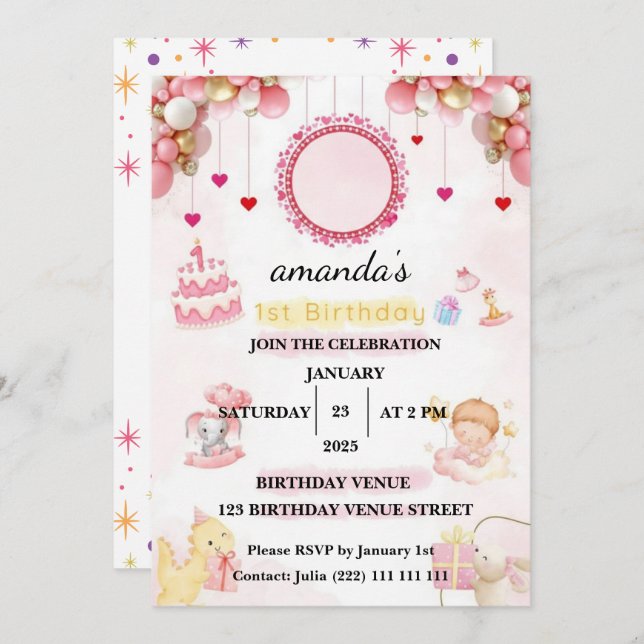Invitación Floral  – Cute Pastel Baby 1st Birthday Party (Anverso / Reverso)