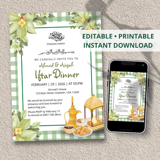 Invitación Floral Cute Sage Green Gingham Ramadan Iftar (Subido por el creador)