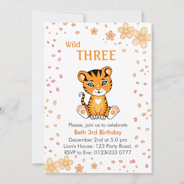 Invitación Floral Cute Wild Tres Tigres Tercer Cumpleaños (Anverso)