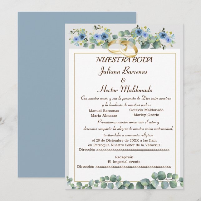 INVITACIÓN FLORAL CYAN BLUE NUESTRA BODA (Anverso / Reverso)