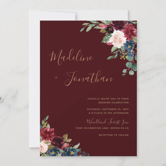 Invitación Floral Dark Moody Burgundy Jewel Tone Boda Invi (Anverso)