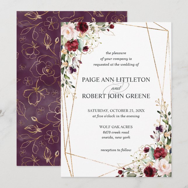 Invitación Floral Dark Red, Purple, and Blush Wedding (Anverso / Reverso)