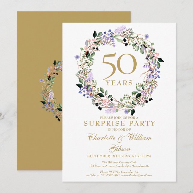 Invitación Floral de 50 aniversario de Boda de Surprise Fiest (Anverso / Reverso)