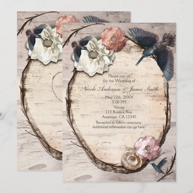 Invitación floral de abedul blanco rústico y colib (Anverso / Reverso)