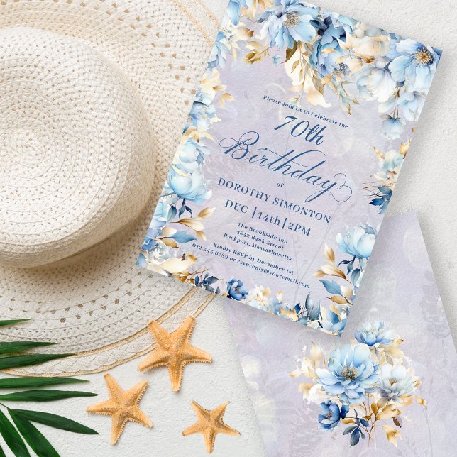 Invitación Floral de acuarela azul blanco 70 cumpleaños (Subido por el creador)