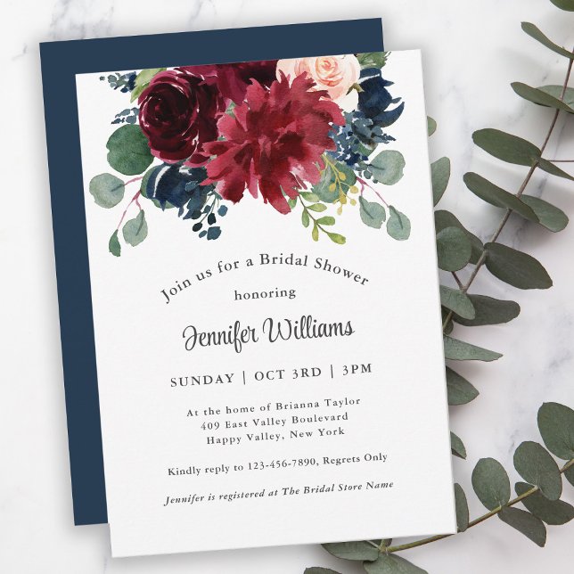 Invitación Floral de acuarela azul marino y burgundy (Subido por el creador)