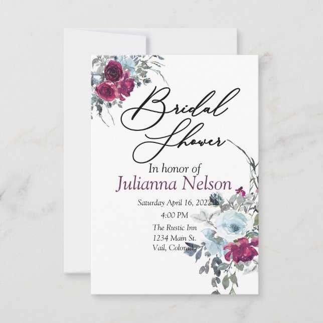 Invitación floral de acuarela azul y borgoña (Anverso)