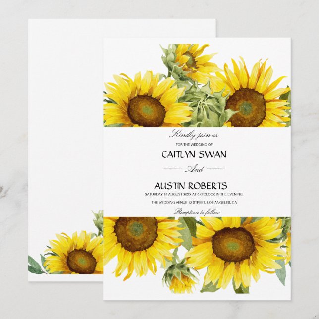 Invitación Floral de acuarela botánica de girasol (Anverso / Reverso)