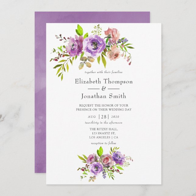 Invitación floral de acuarela de boda primavera (Anverso / Reverso)