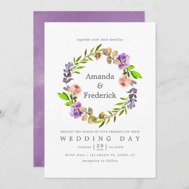 Invitación floral de acuarela de boda primavera (Anverso / Reverso)