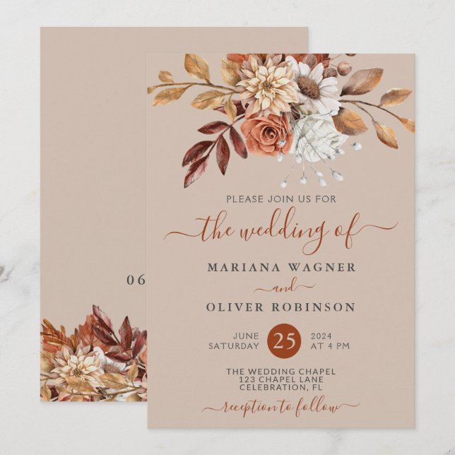 Invitación Floral de acuarela de otoño en Boda de taúpe (Anverso / Reverso)