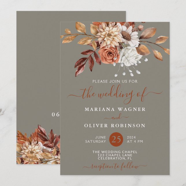 Invitación Floral de acuarela de otoño sobre Boda gris (Anverso / Reverso)