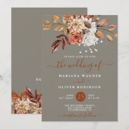 Invitación Floral de acuarela de otoño sobre Boda gris