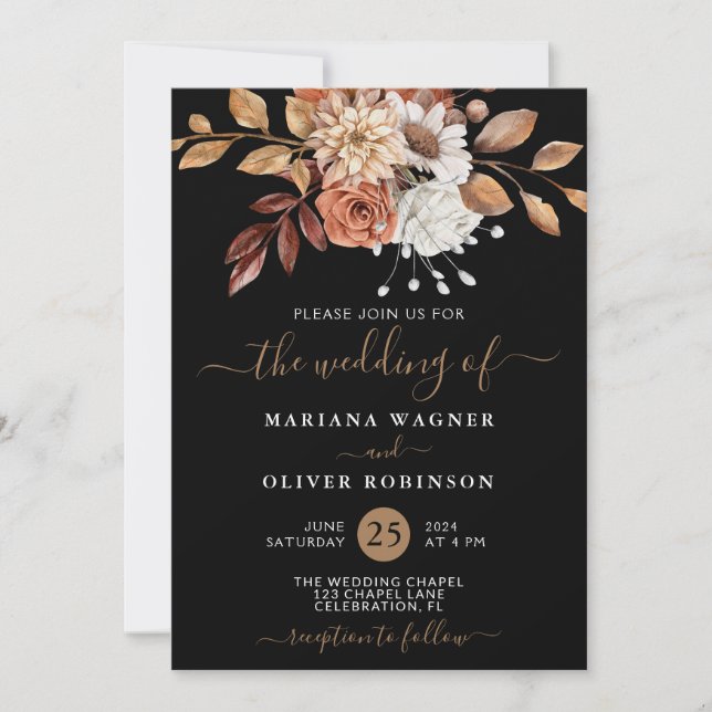 Invitación Floral de acuarela de otoño sobre Boda negro (Anverso)