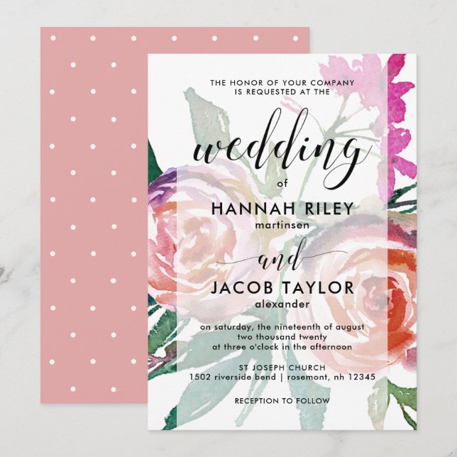 Invitación Floral de acuarela delgada con Boda superpuesto (Anverso / Reverso)