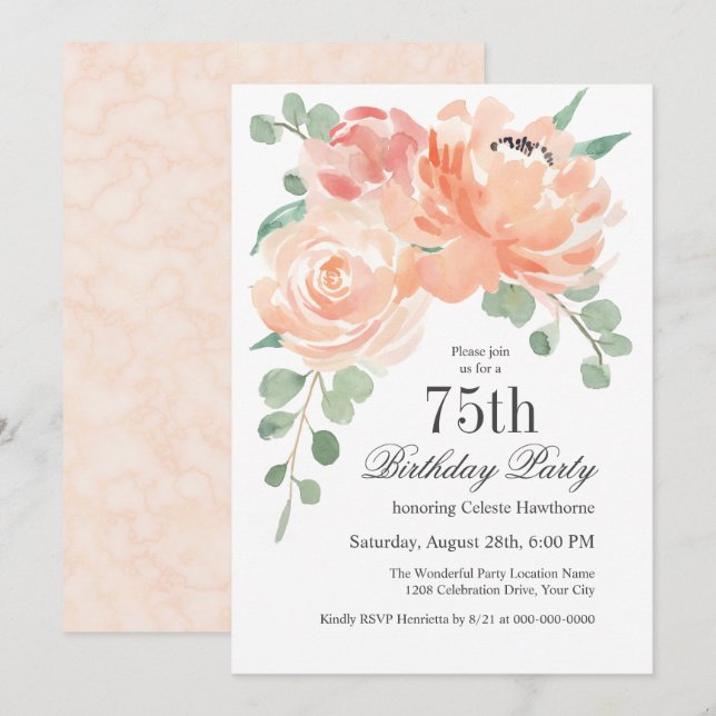 Invitación Floral de acuarela femenina 75 cumpleaños (Anverso / Reverso)