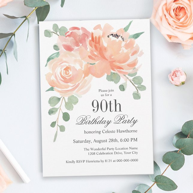 Invitación Floral de acuarela femenina 90 cumpleaños (Subido por el creador)