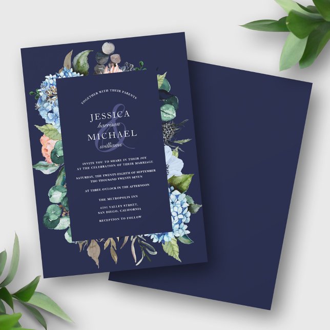 Invitación Floral de acuarela Hidrangea Boda azul profundo (Subido por el creador)