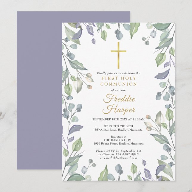 Invitación Floral de acuarela Lilac Primera Comunión Santa (Anverso / Reverso)