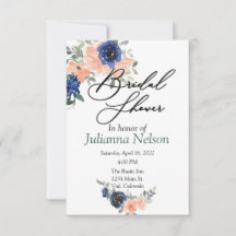 Invitación floral de acuarela melocotón y azul