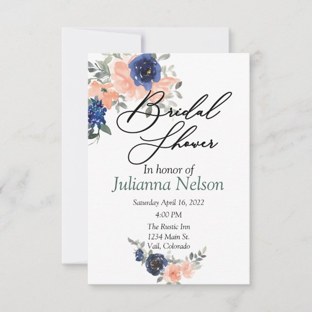 Invitación floral de acuarela melocotón y azul (Anverso)