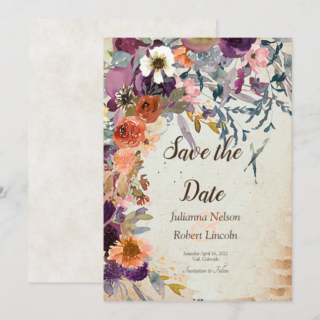 Invitación Floral de acuarela mixta de otoño salva la fecha (Anverso / Reverso)
