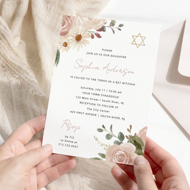Invitación Floral de acuarela neutra de bonito | Bat Mitzvah (Subido por el creador)