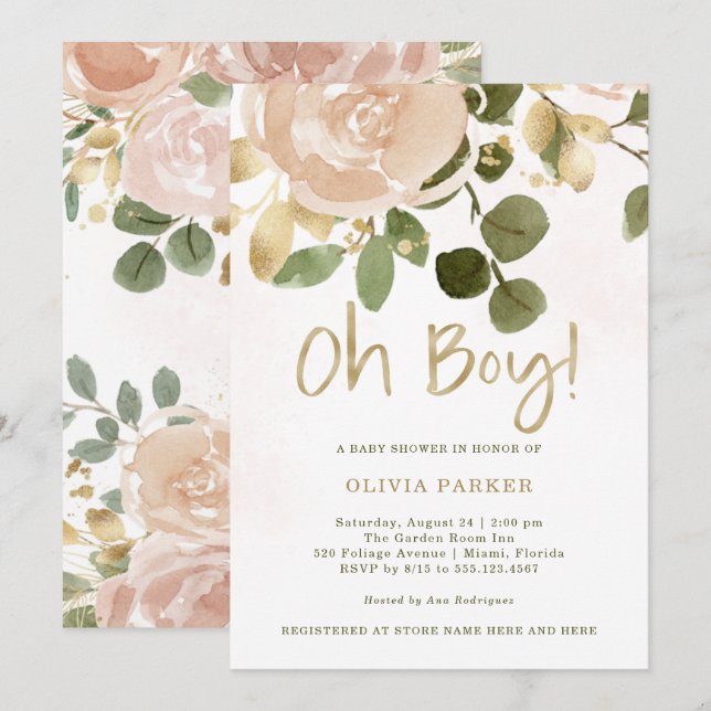 Invitación Floral de acuarela neutra | Oh Boy Baby Shower (Anverso / Reverso)