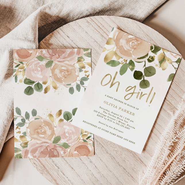 Invitación Floral de acuarela neutra | Oh Chica Baby Shower (Subido por el creador)