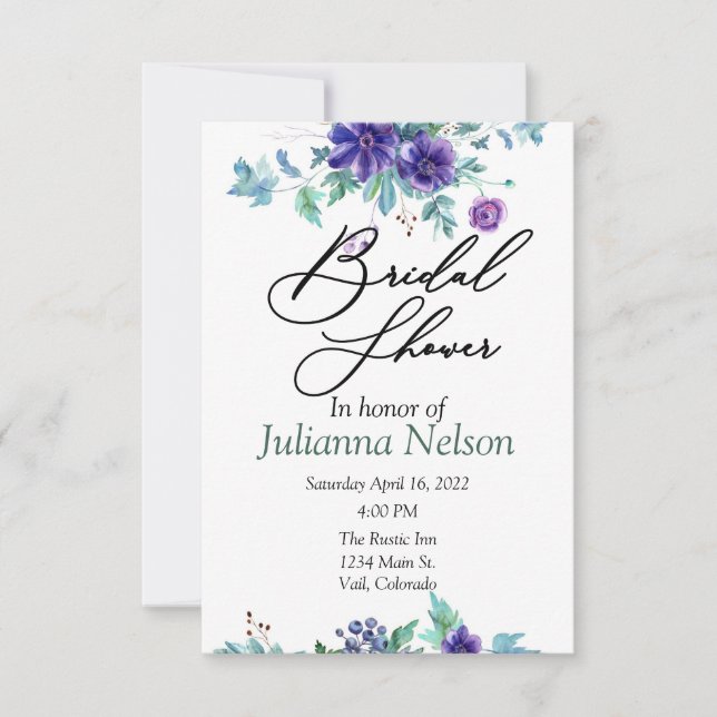 Invitación floral de acuarela púrpura (Anverso)