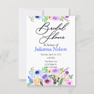 Invitación floral de acuarela púrpura y azul