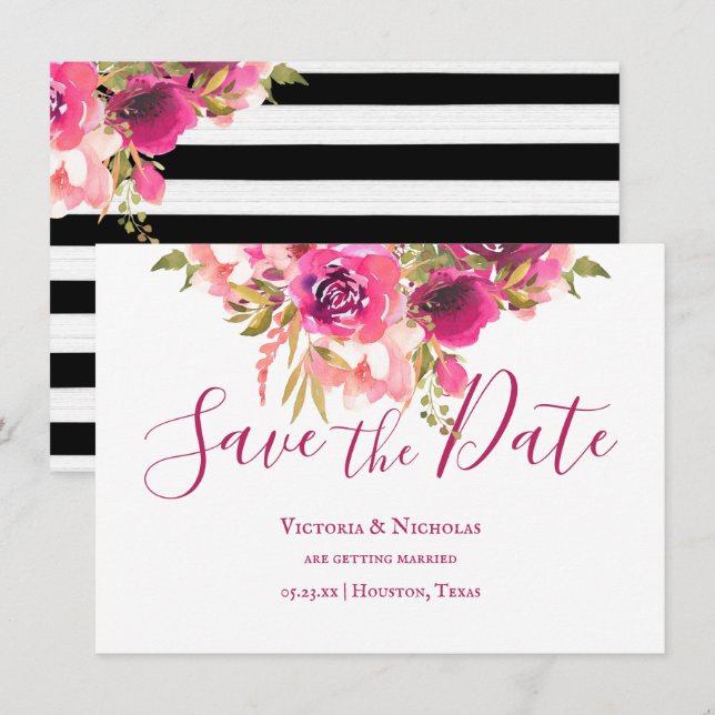 Invitación Floral de acuarela rosa caliente Guardar la fecha (Anverso / Reverso)