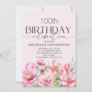 Invitación Floral de Acuarela Rosa Cumpleaños 100
