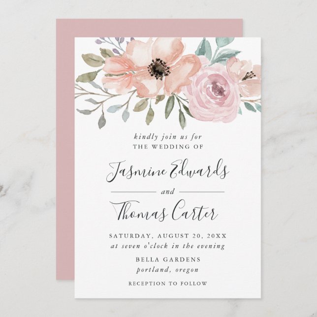 Invitación Floral de acuarela rosa Rosa turbia | BODA (Anverso / Reverso)