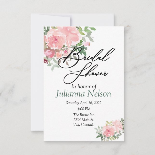 Invitación floral de acuarela rosa rubor (Anverso)