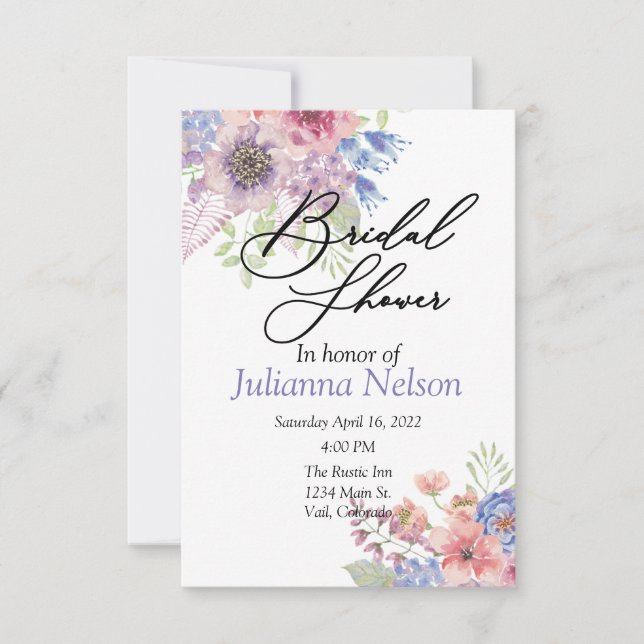 Invitación floral de acuarela rosa y azul (Anverso)