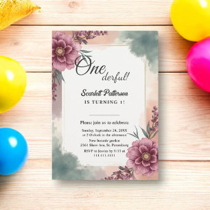Invitación Floral de acuarela rústica botánica 1 cumpleaños