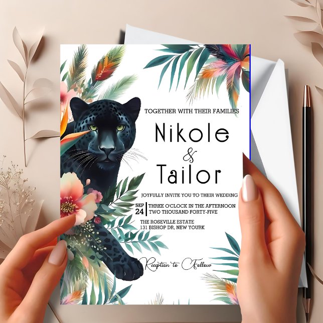 Invitación Floral de acuarela tropical y jaguar (Subido por el creador)