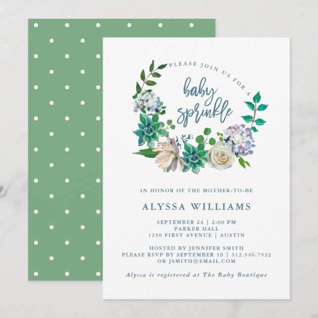 Invitación Floral de acuarela verde exitosa | Bebé Sprinkle (Anverso / Reverso)
