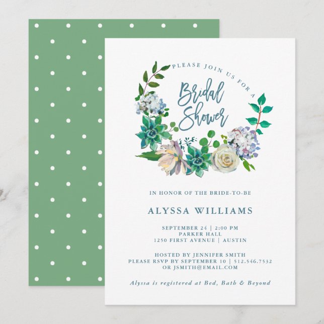 Invitación Floral de acuarela verde exitosa | Ducha de novia (Anverso / Reverso)