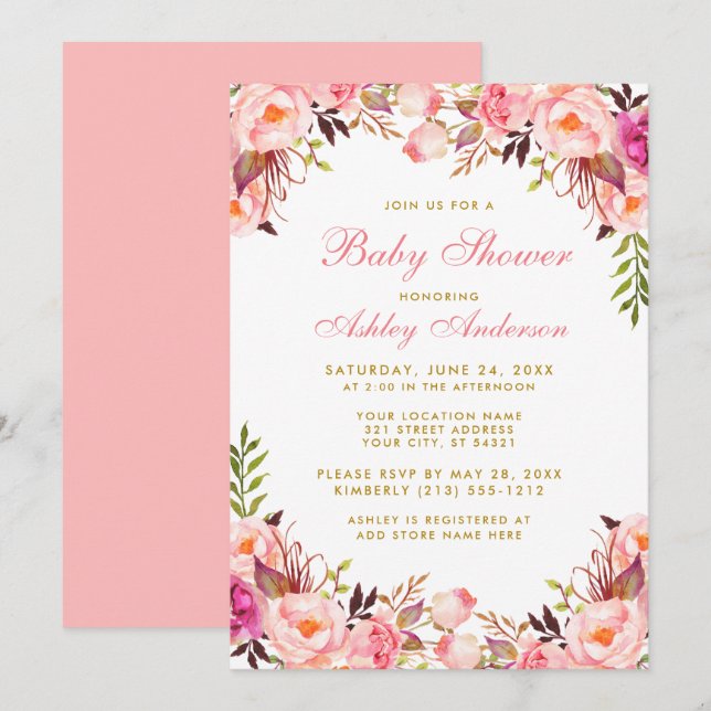 Invitación Floral de agua Baby Shower rosa y dorado (Anverso / Reverso)