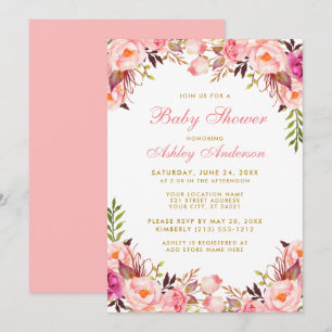 Invitación Floral de agua Baby Shower rosa y dorado