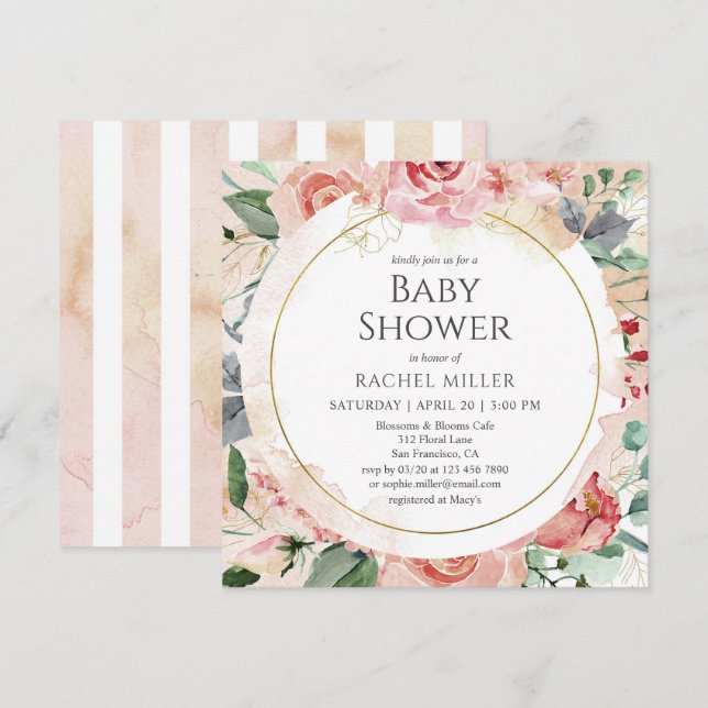 Invitación Floral de agua de Shabby Chic Baby Shower (Anverso / Reverso)