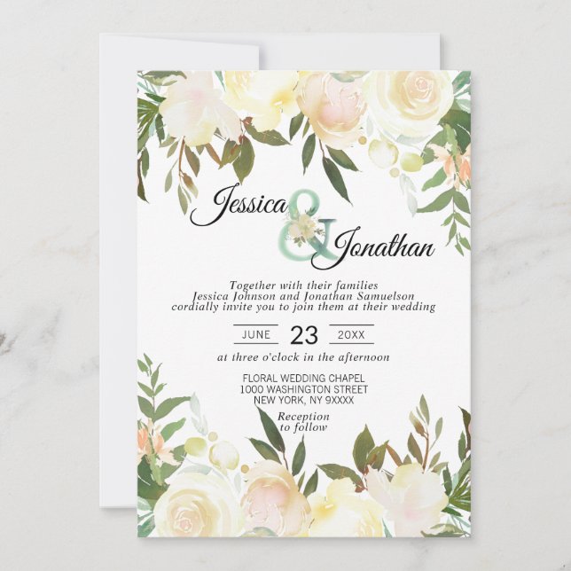 Invitación Floral de agua Rubor Boda de marfil rosa (Anverso)