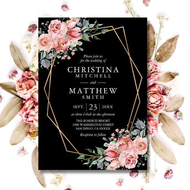 Invitación Floral de agua Rubor Boda negro rosa (Watercolor Floral Blush Pink Black Wedding Invitation)