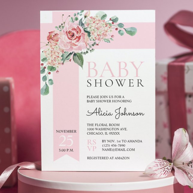 Invitación Floral de agua Rubor Chica rosa BABY SHOWER (Subido por el creador)